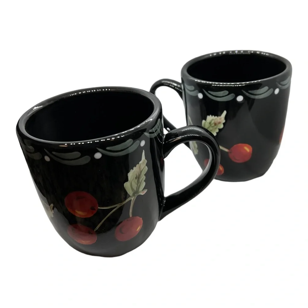 Laurie Gates Black Cherry Blossom Coffee Mugs Cups (set of 2)